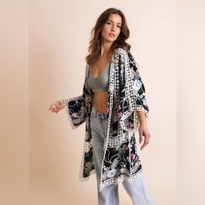 Floral Kimono with Lace Trim